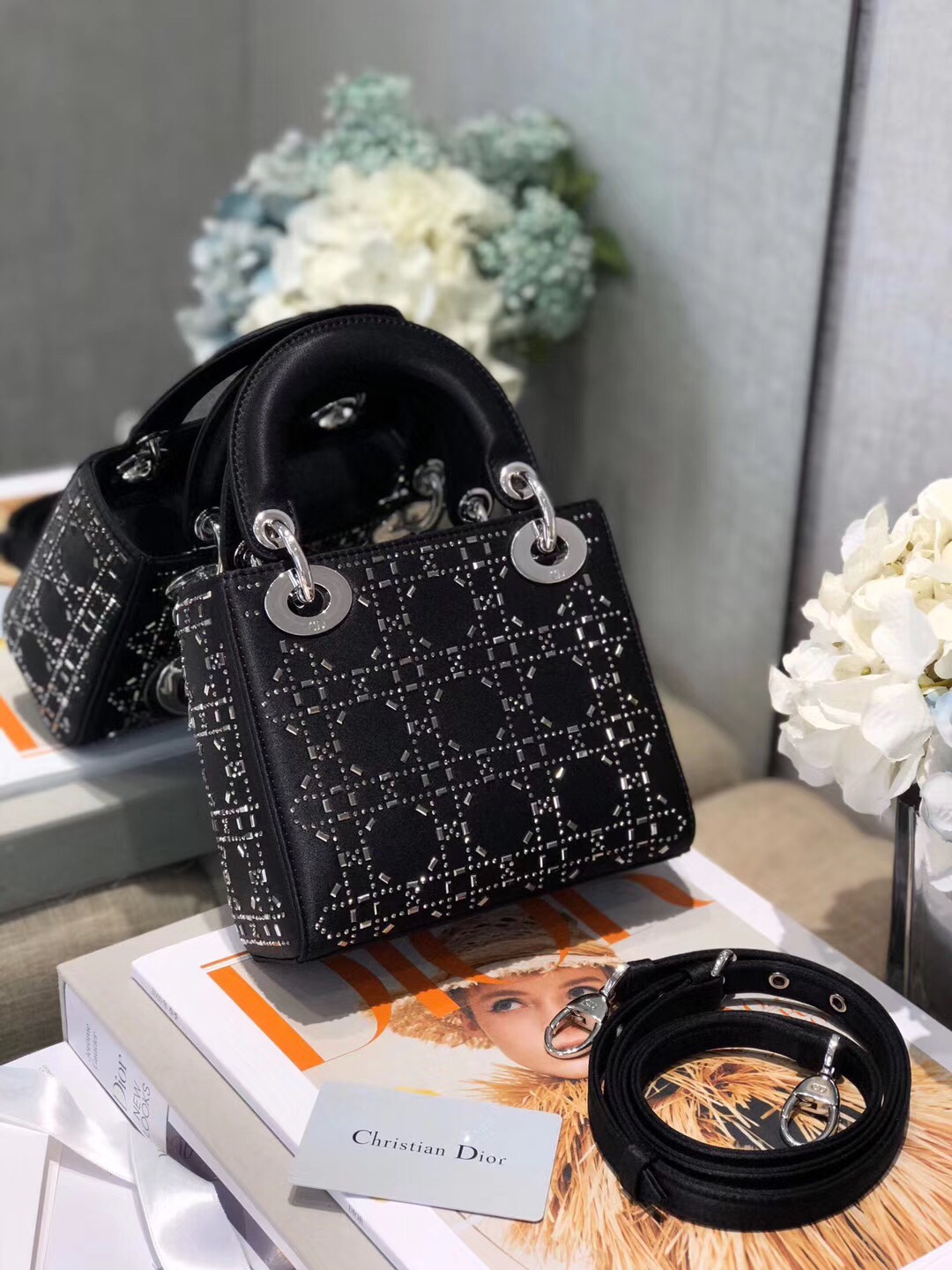 Mini Lady Dior Bag Black Strass Cannage Satin